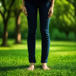 A person standing in a neutral pose in a park, full body vis