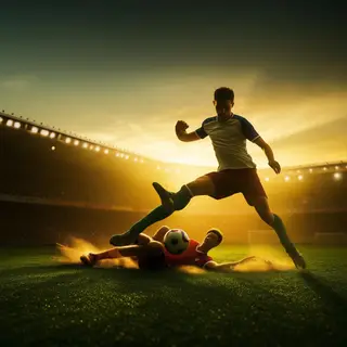 Two soccer players mid-tackle, one sliding and the other jum