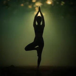 A person in a yoga tree pose — standing on one leg with the 
