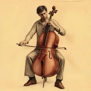 A cellist seated with correct posture, legs around the instr