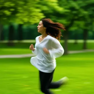 A woman mid-stride running through a park, hair and clothes 