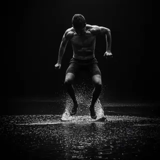 A man captured mid-jump over a puddle, body in the air with 