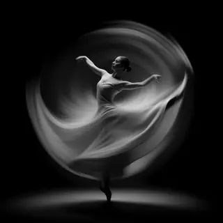 A dancer in a dynamic spin, dress flowing outward with one l