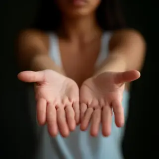 A woman holding her hands out in front of her palms-up, all 