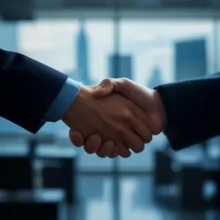 Two people shaking hands in a professional setting, all fing