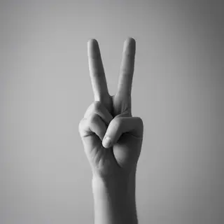 A person making a peace sign with their right hand, clearly 