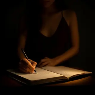 A woman writing in a notebook with a pen gripped correctly i