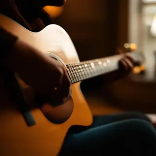 A person playing an acoustic guitar with left hand on the fr