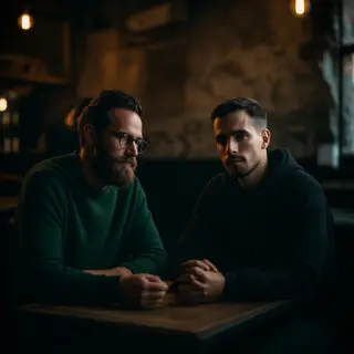 Two men at a cafe: one with a beard and glasses wearing a gr