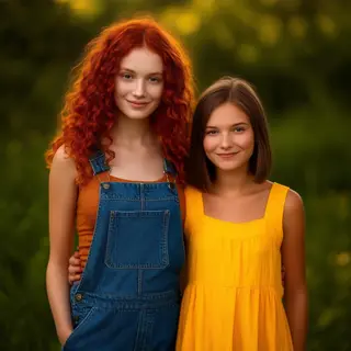 Two friends posing: one tall with curly red hair in denim ov