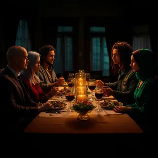 Four people at a dinner table: a bald man in a suit, a woman