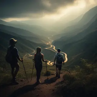 Three hikers on a trail: a man with a backpack and sunhat, a
