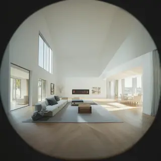 A wide-angle shot of a modern living room interior showing e