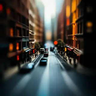 A tilt-shift photograph of a city street making real-life lo