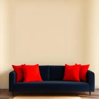 A minimalist room with walls in #F5E6CC (warm cream), a sofa