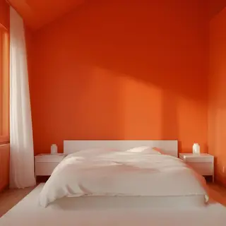 A bedroom wall painted in #FF6B35 (burnt orange) with white 