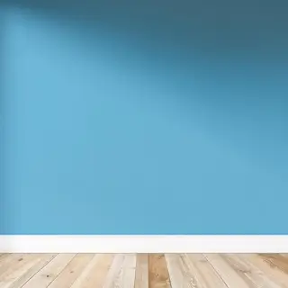 A room with walls in #4A90D9 (medium blue) with warm wooden 