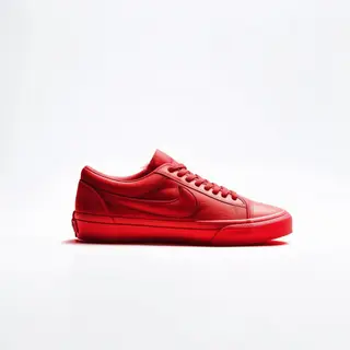 A single red sneaker on a clean white background with soft s
