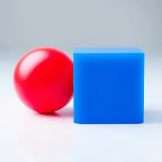 A red ball and a blue cube sitting side by side on a white s