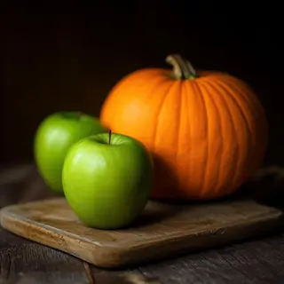 A green apple and an orange pumpkin on a wooden cutting boar