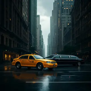 A yellow taxi and a black limousine parked next to each othe