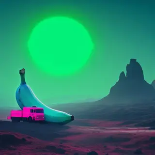 A pink fire truck, a blue banana, and a green sun in a surre