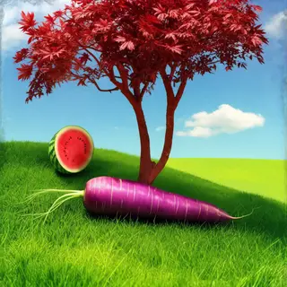 A purple carrot, a red tree with red leaves, and a white wat
