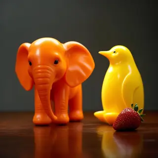 An orange elephant, a yellow penguin, and a silver strawberr
