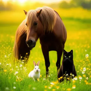 A big brown horse, a small white rabbit, and a medium-sized 