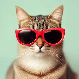 A tabby cat wearing oversized red sunglasses