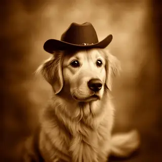 A golden retriever wearing a tiny cowboy hat