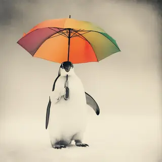 A penguin holding a colorful umbrella