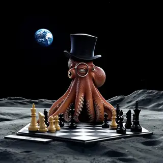 An octopus wearing a top hat and monocle playing chess on th