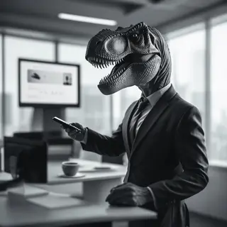 A dinosaur in a business suit giving a PowerPoint presentati