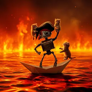 A robot dressed as a pirate sailing a paper boat on a lake o