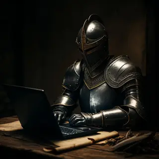 A medieval knight in full armor sitting at a desk typing on 