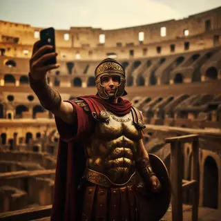 A Roman gladiator taking a selfie with a smartphone in the C