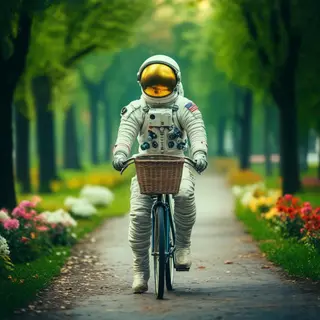 An astronaut in a spacesuit riding a bicycle through a park