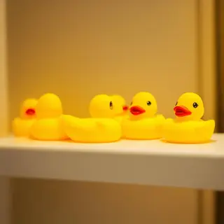 Exactly 5 yellow rubber ducks sitting in a row on a bathroom