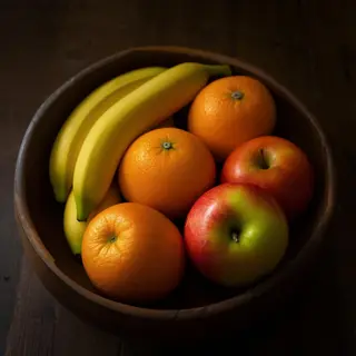 A fruit bowl containing exactly 3 bananas, 4 oranges, and 2 
