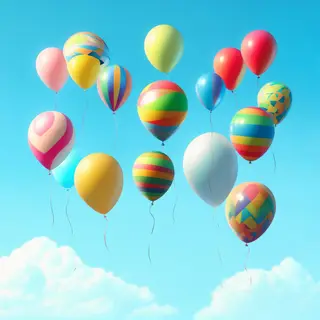 Exactly 11 colorful balloons floating against a clear blue s