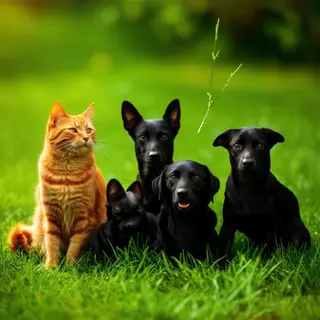 2 orange cats and 3 black dogs sitting together on a grassy 