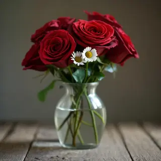4 red roses and 2 white daisies in a glass vase on a table