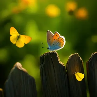 1 blue butterfly and 3 yellow butterflies resting on a garde