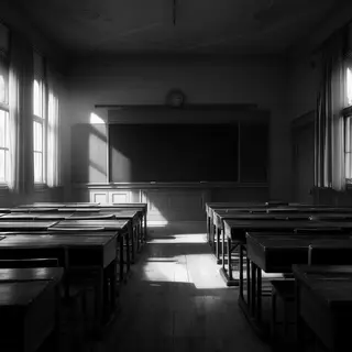 A classroom with desks and a chalkboard but no students