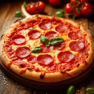 A pepperoni pizza with tomato sauce, basil, and crust but ab