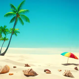 A sandy beach with palm trees, seashells, and a beach umbrel