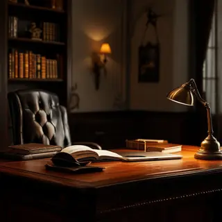 An office workspace with a desk, chair, bookshelf, and lamp 
