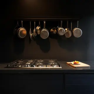 A kitchen with pots, pans, a stove, and a cutting board but 