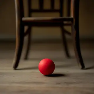 A red ball underneath a wooden chair